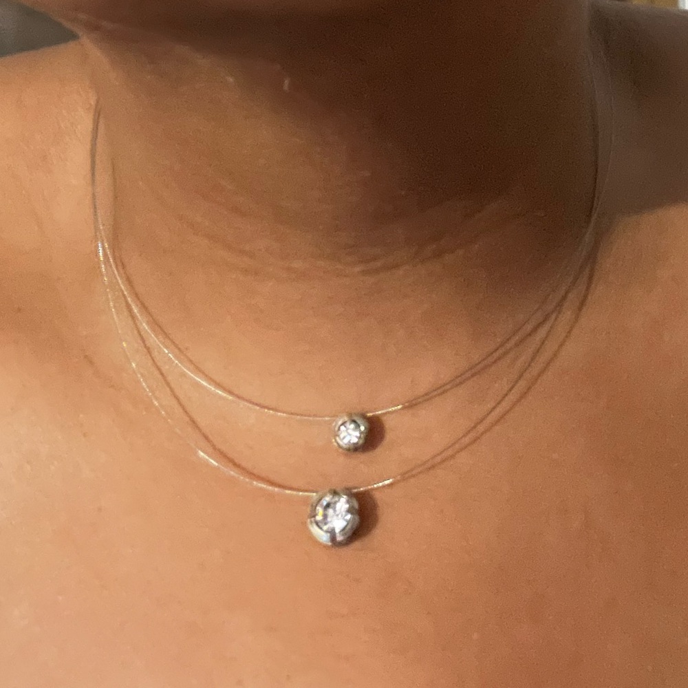 Vintage Y2K Invisible Double Row Wire Necklace w/ Rhinestones Clavicle Necklace